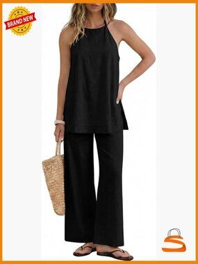 2 Piece Linen Outfits Halter Neck Sleeveless Top Wide Leg Pants Set Summer